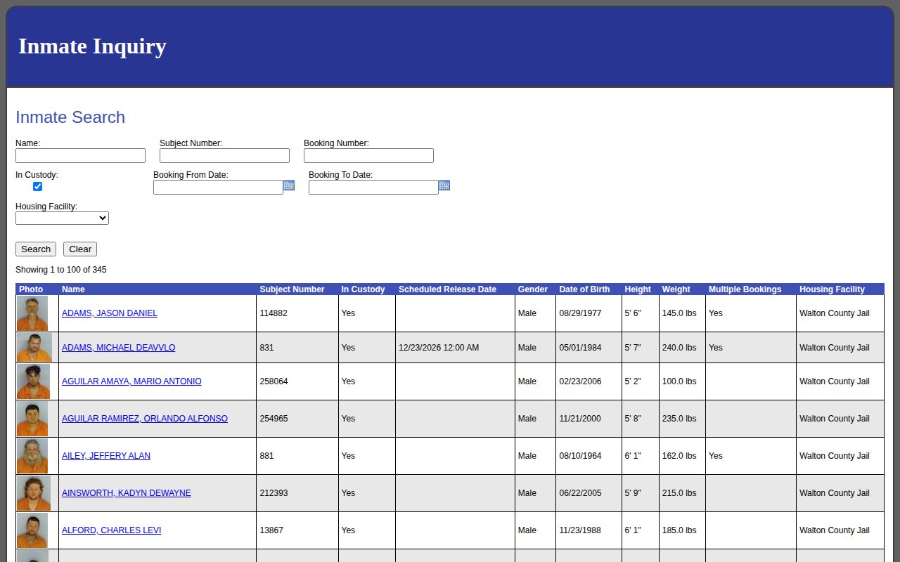 Walton County current-custody arrest roster with booking photo column