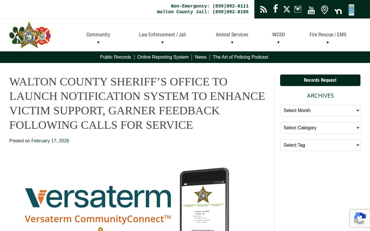 Walton County Sheriff announcement for the VINE and CommunityConnect notification launch