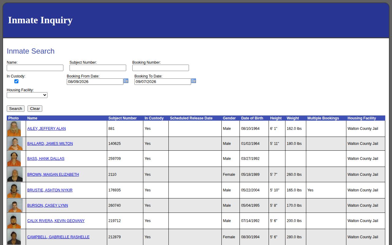 Walton County Inmate Inquiry search controls for booking dates and custody status