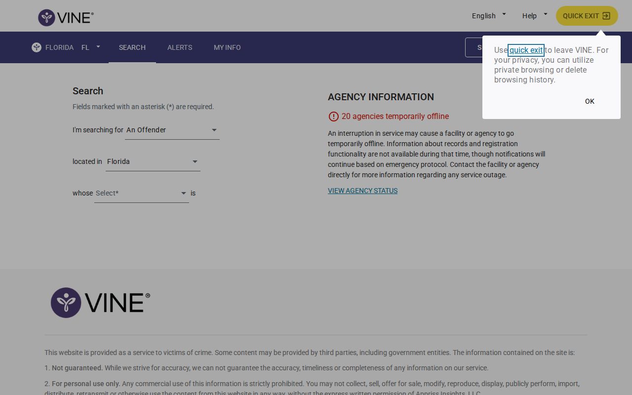 Florida VINELink state and county custody search screen