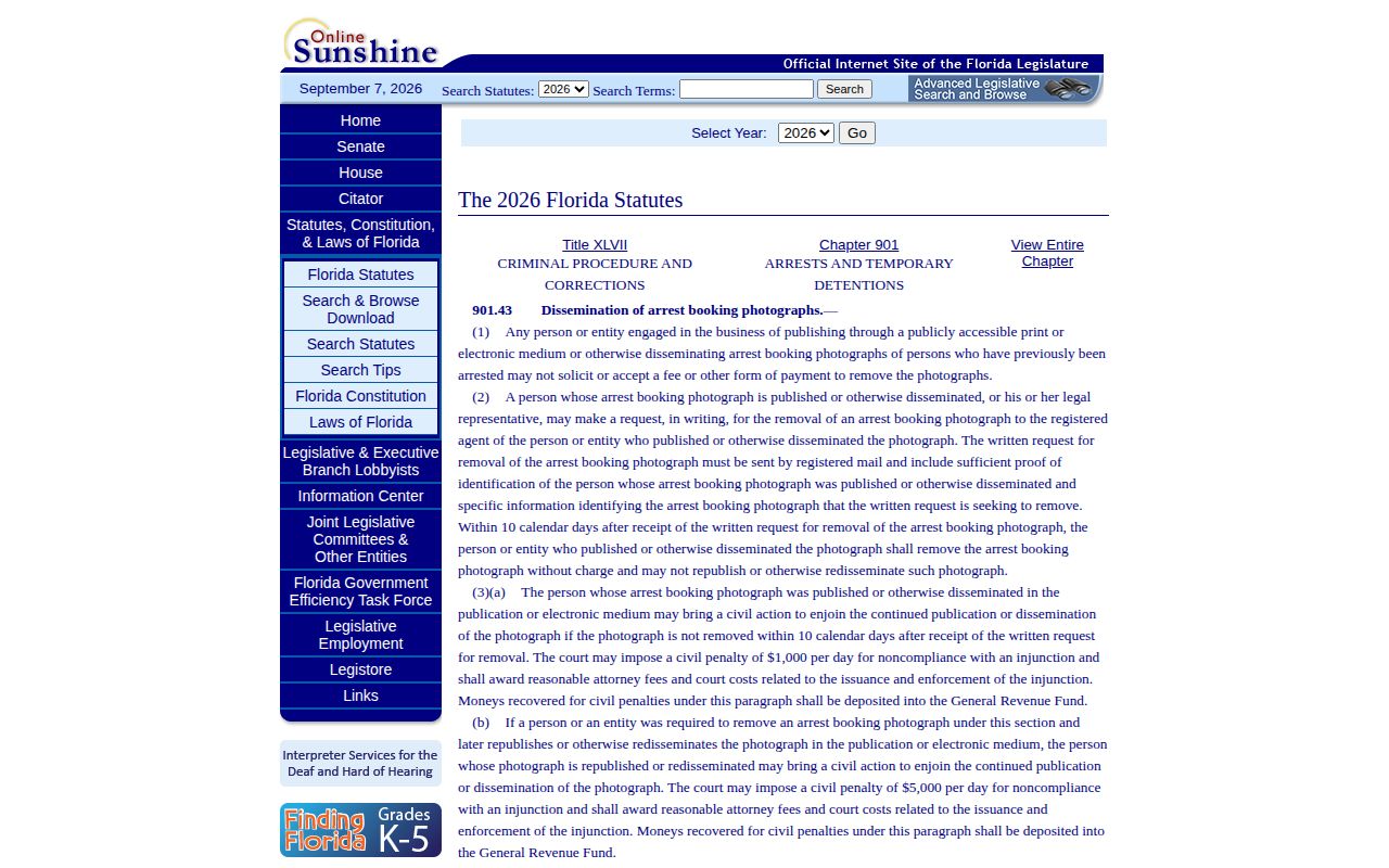 Florida arrest booking photo removal statute applicable in Walton County