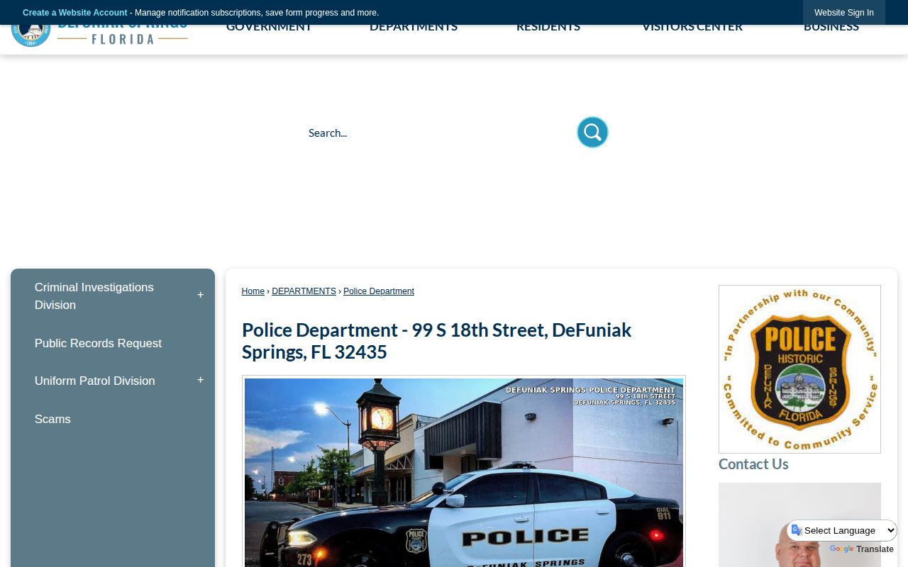 Official DeFuniak Springs Police Department webpage with agency contact information