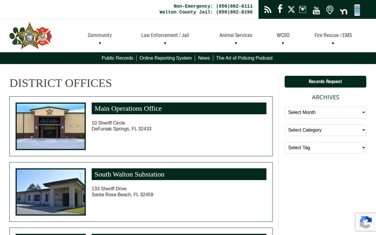 Walton County Sheriff's Office locations page showing district and substation information